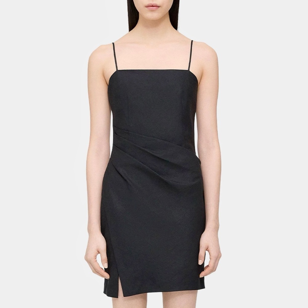 Nwt Theory ‘Galena Linen Side Pleat Mini Dress’ In Black Size 12